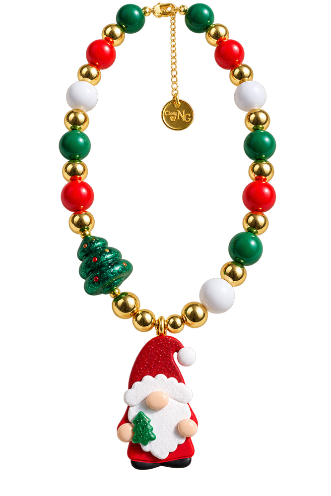 Collar navideño de perlas rojas, verdes y doradas con colgante de Papá Noel