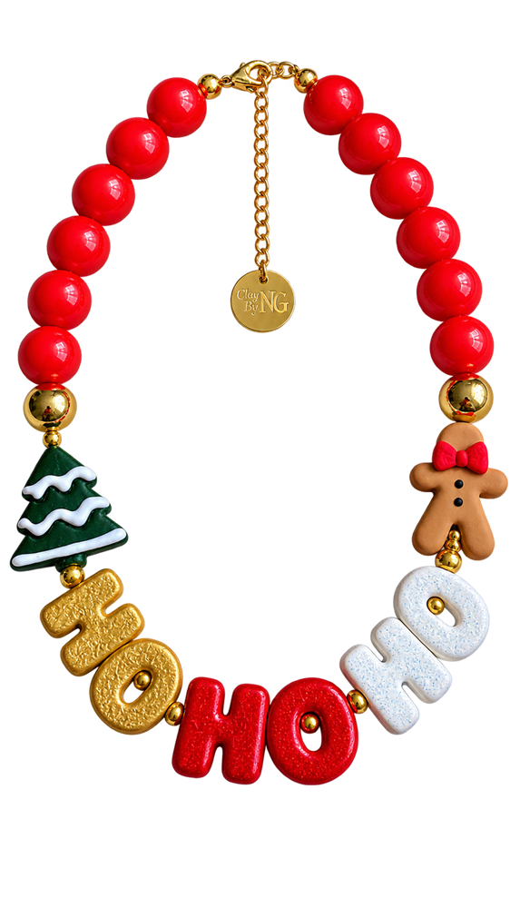 Collar navideño de perlas rojas con letras HO HO HO