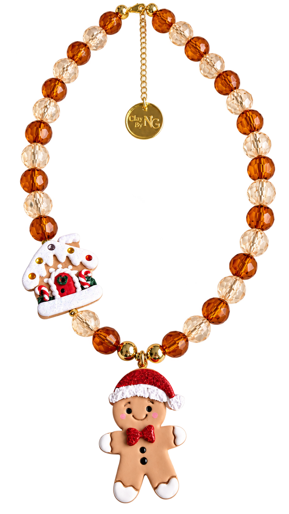 Collar navideño de cristales ámbar con colgante de galleta de jengibre